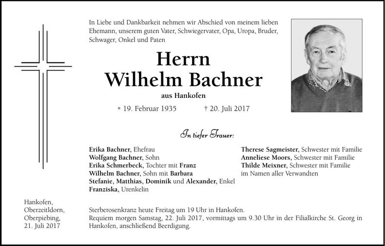 Traueranzeige Wilhelm Bachner