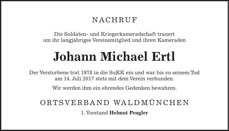 Traueranzeige Johann Michael Ertl