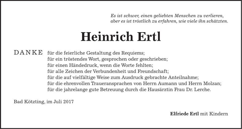 Traueranzeige Heinrich Ertl