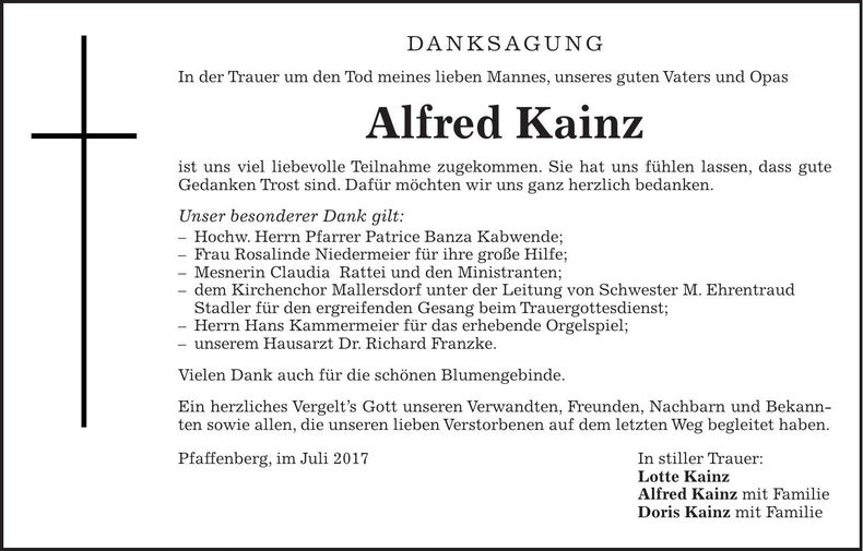 Traueranzeige Alfred Kainz