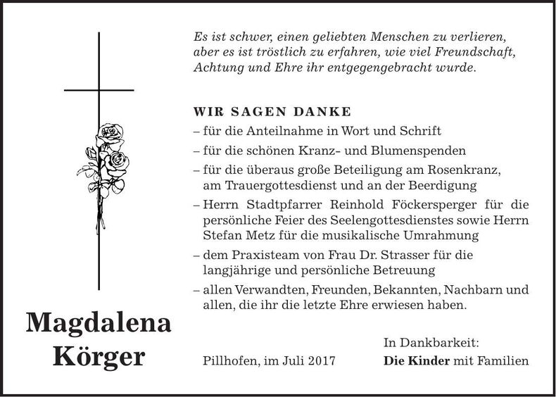 Traueranzeige Magdalena Körger