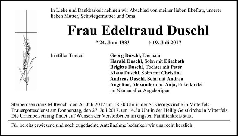 Traueranzeige Edeltraud Duschl