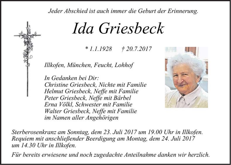 Traueranzeige Ida Griesbeck