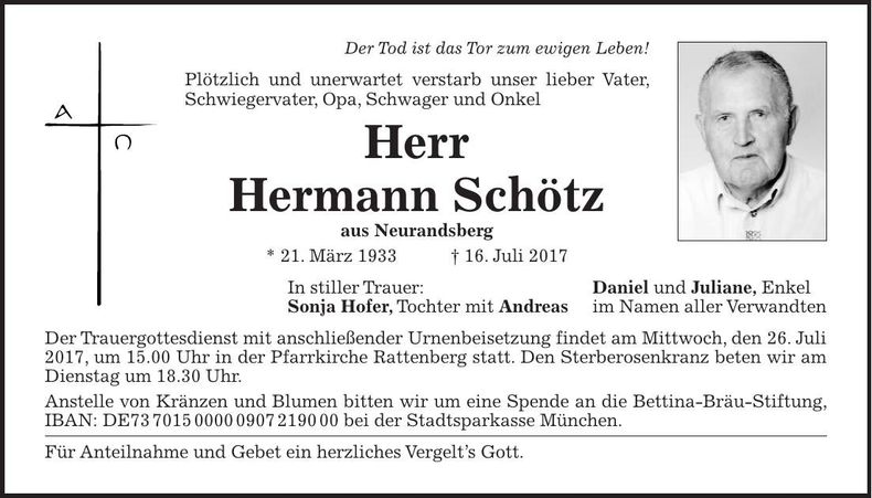 Traueranzeige Hermann Schötz