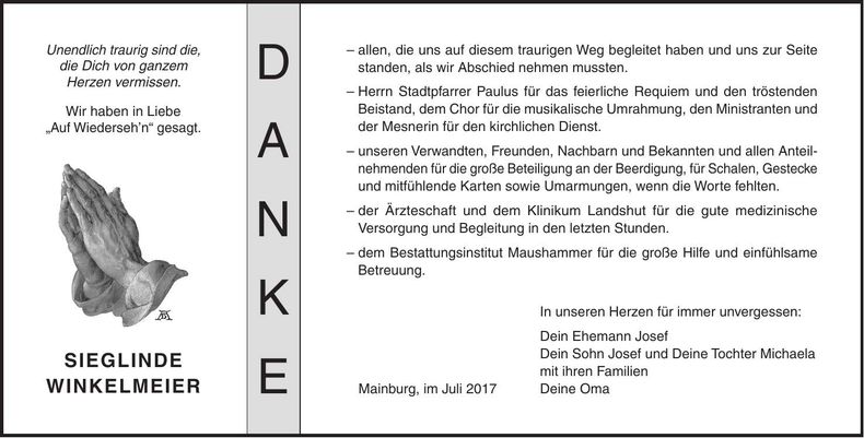Traueranzeige Sieglinde Winkelmeier