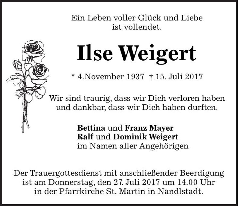 Traueranzeige Ilse Weigert