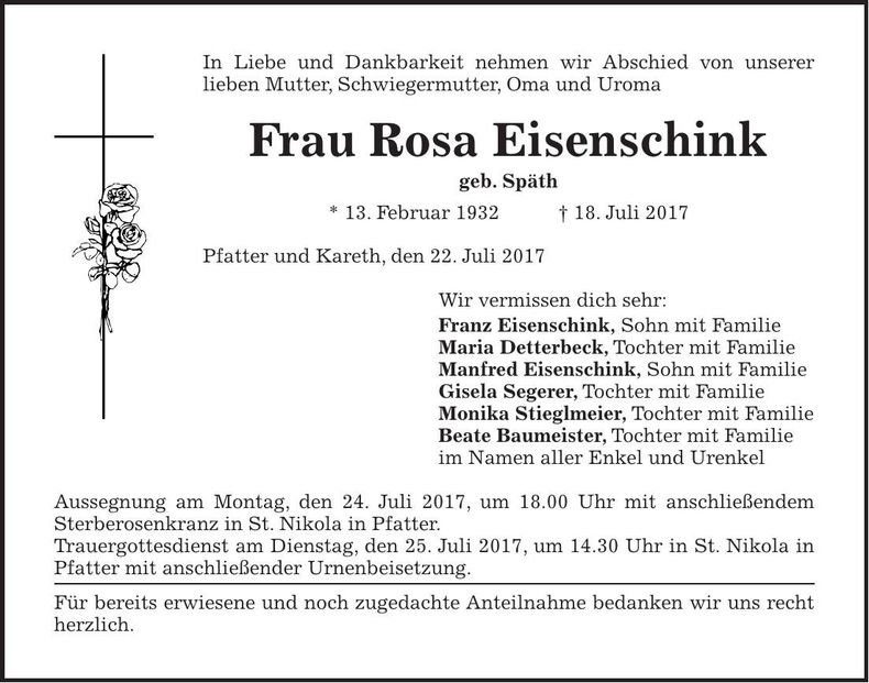 Traueranzeige Rosa Eisenschink