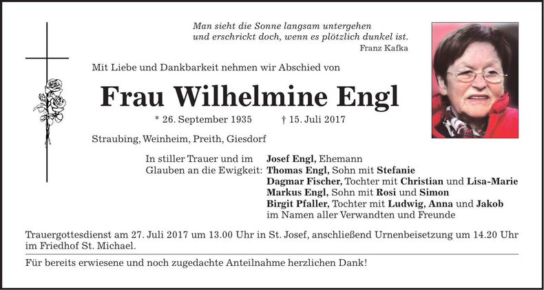 Traueranzeige Wilhelmine Engl