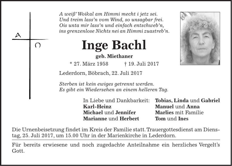 Traueranzeige Inge Bachl