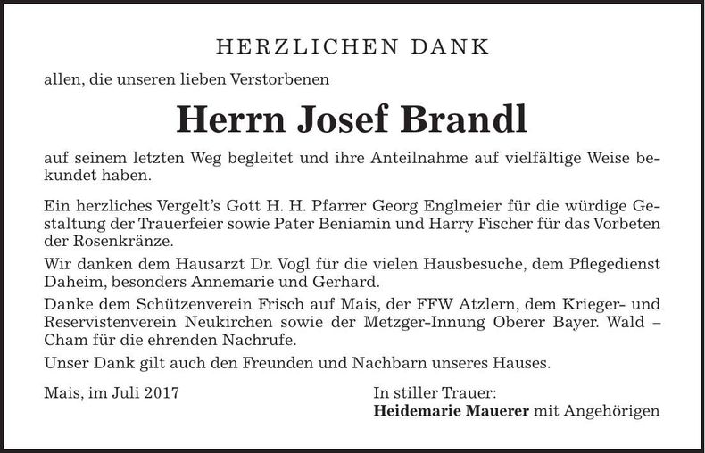 Traueranzeige Josef Brandl