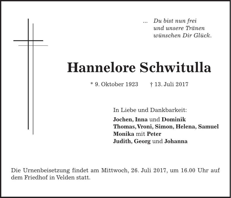 Traueranzeige Hannelore Schwitulla
