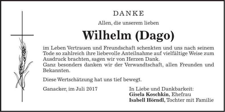 Traueranzeige Wilhelm (Dago)