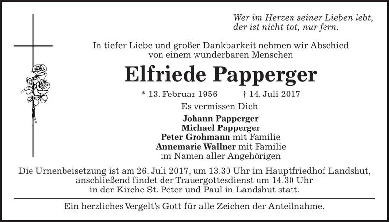 Traueranzeige Elfriede Papperger
