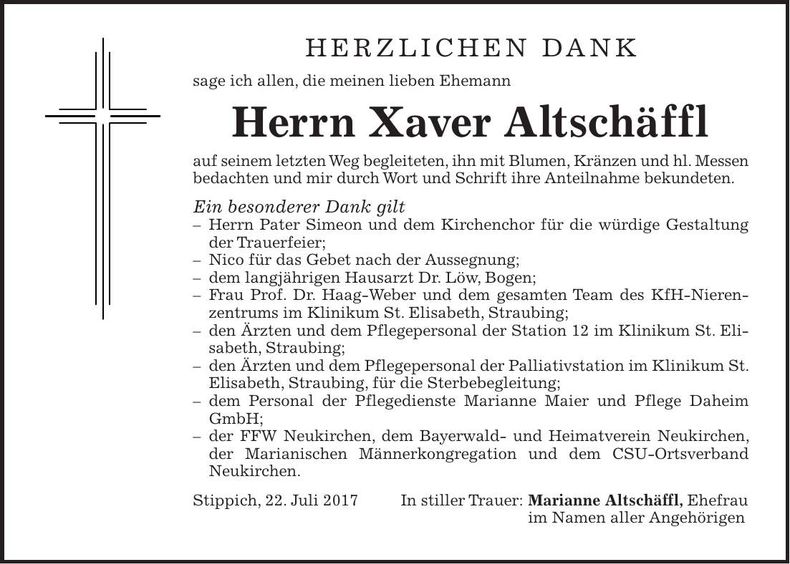 Traueranzeige Xaver Altschäffl