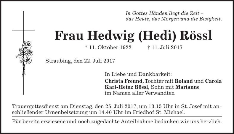 Traueranzeige Hedwig (Hedi) Rössl