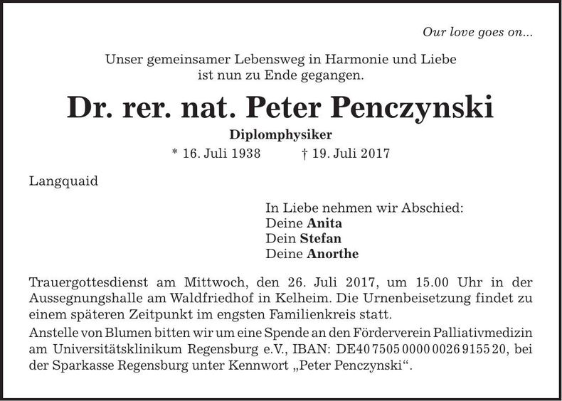 Traueranzeige Peter Penczynski Dr. rer. nat.