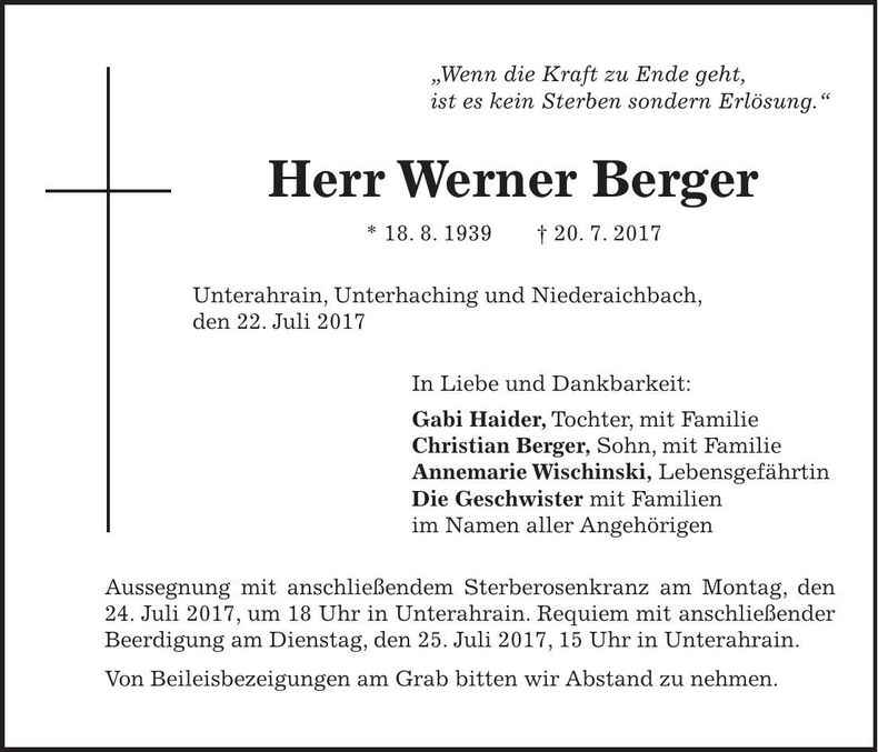 Traueranzeige Werner Berger
