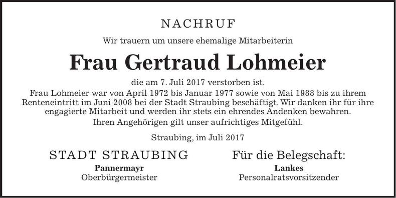 Traueranzeige Gertraud Lohmeier