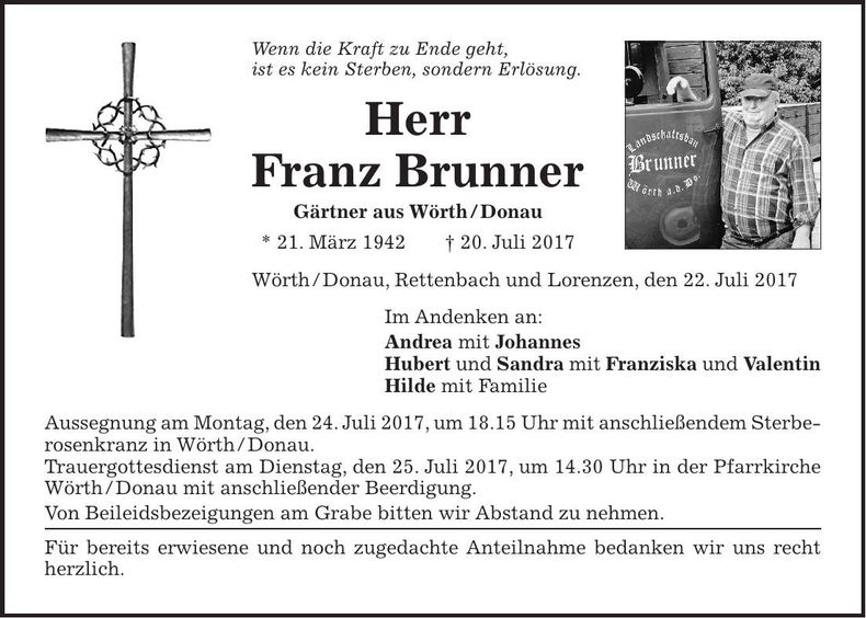 Traueranzeige Franz Brunner