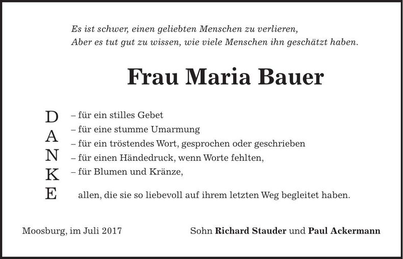 Traueranzeige Maria Bauer