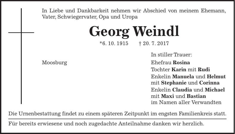 Traueranzeige Georg Weindl