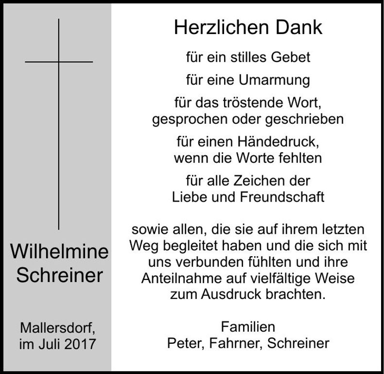Traueranzeige Wilhelmine Schreiner