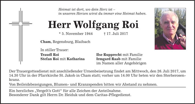 Traueranzeige Wolfgang Roi