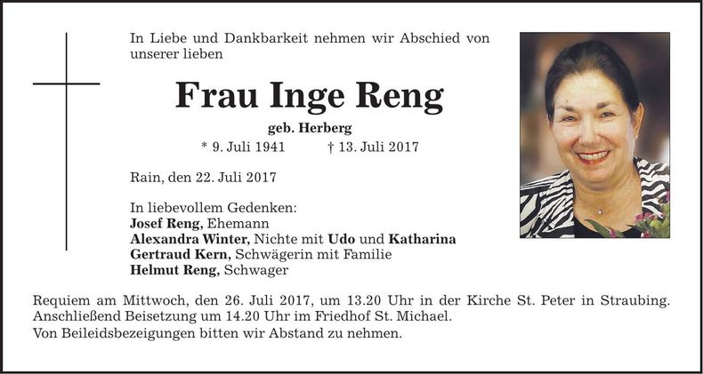 Traueranzeige Inge Reng