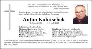 Traueranzeige Anton Kubitschek