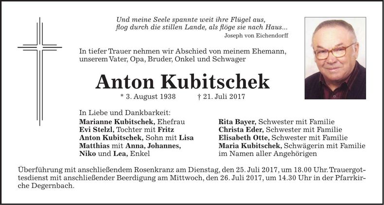 Traueranzeige Anton Kubitschek