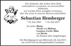Traueranzeige Sebastian Hemberger