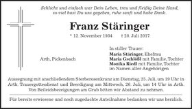 Traueranzeige Franz Stäringer