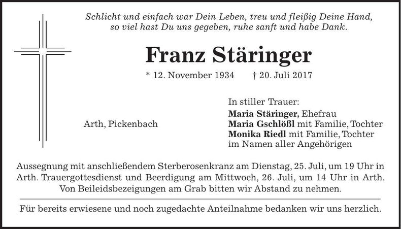 Traueranzeige Franz Stäringer