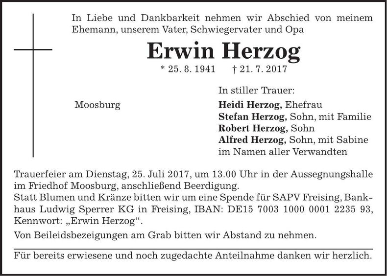 Traueranzeige Erwin Herzog