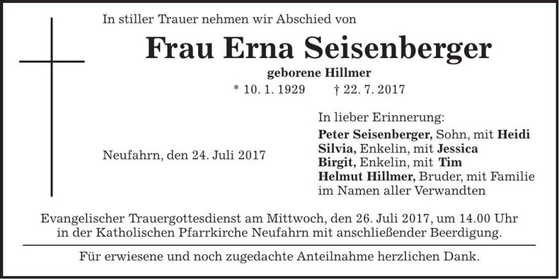 Traueranzeige Erna Seisenberger