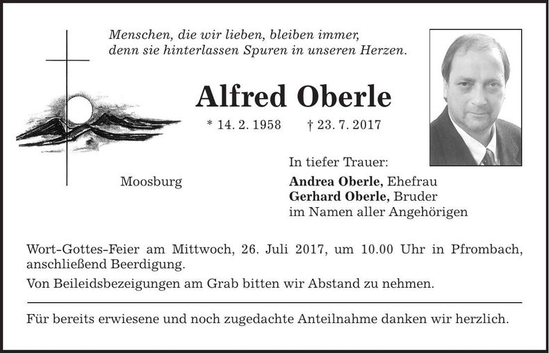 Traueranzeige Alfred Oberle