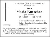 Traueranzeige Maria Kutscher