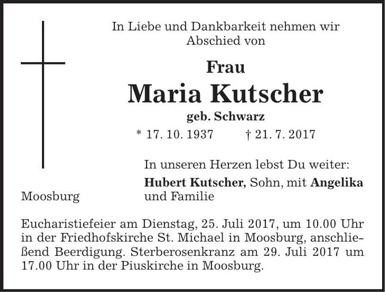 Traueranzeige Maria Kutscher