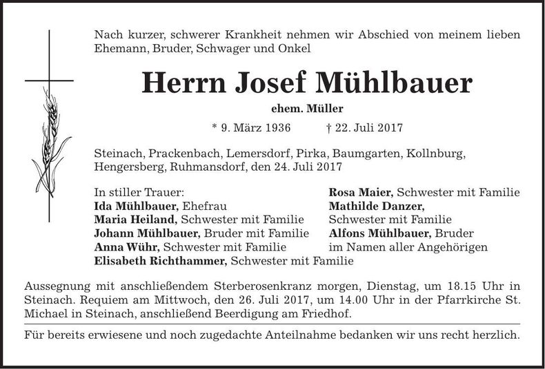 Traueranzeige Josef Mühlbauer