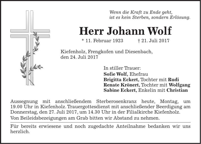 Traueranzeige Johann Wolf