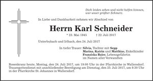 Traueranzeige Karl Schneider