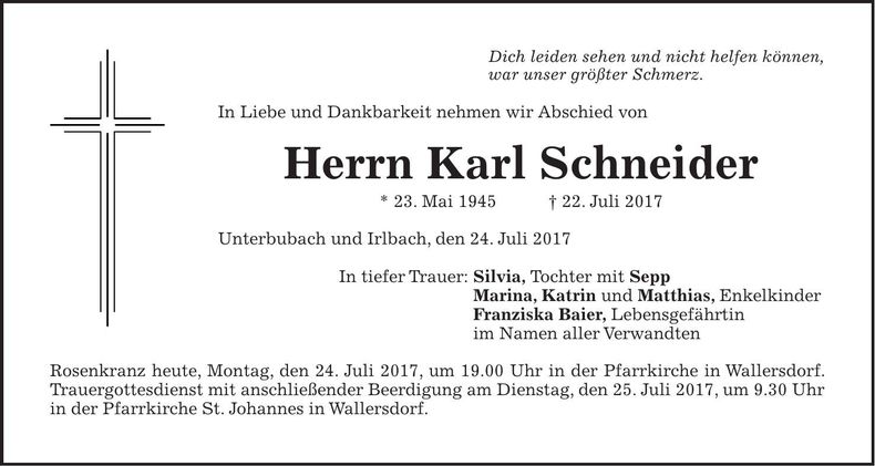Traueranzeige Karl Schneider