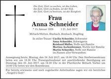 Traueranzeige Anna Schneider