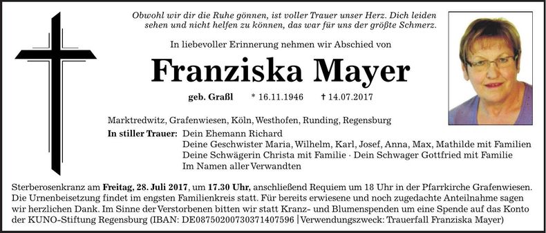 Traueranzeige Franziska Mayer