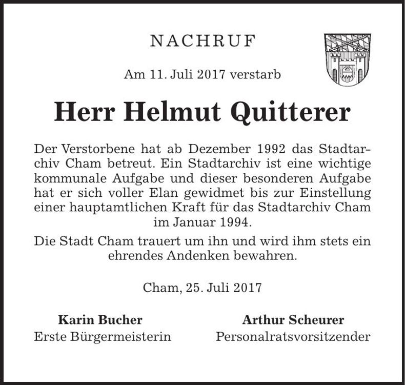 Traueranzeige Helmut Quitterer