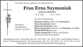Traueranzeige Erna Szymaniak