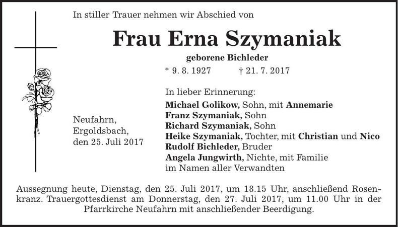 Traueranzeige Erna Szymaniak