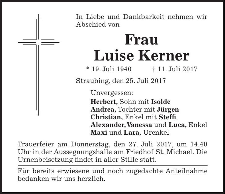 Traueranzeige Luise Kerner