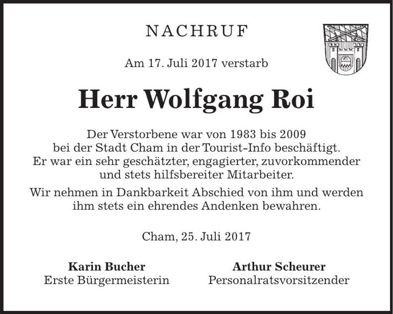 Traueranzeige Wolfgang Roi