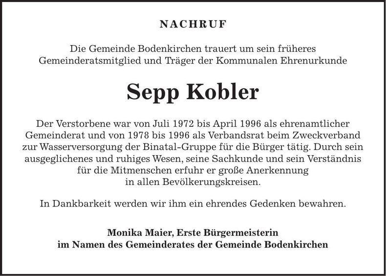 Traueranzeige Sepp Kobler